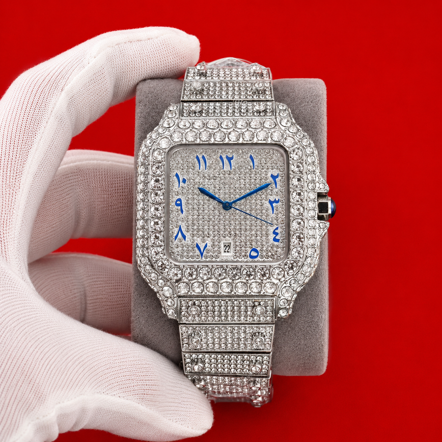 Azure Arabic watch with a blue dial, Arabic numerals and a stone-set case