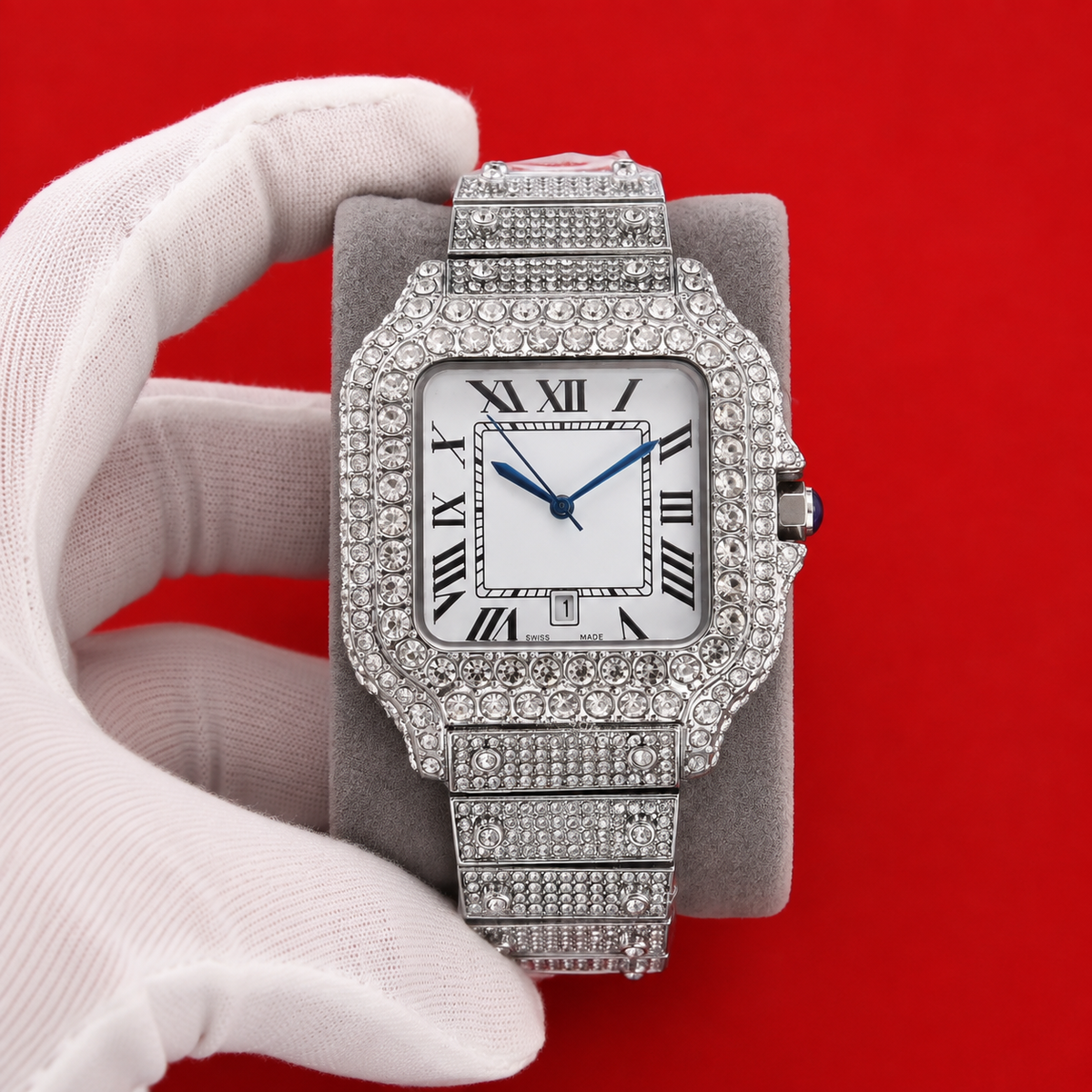 Ivory Roman watch with a white dial, Roman numerals and a stone-set case