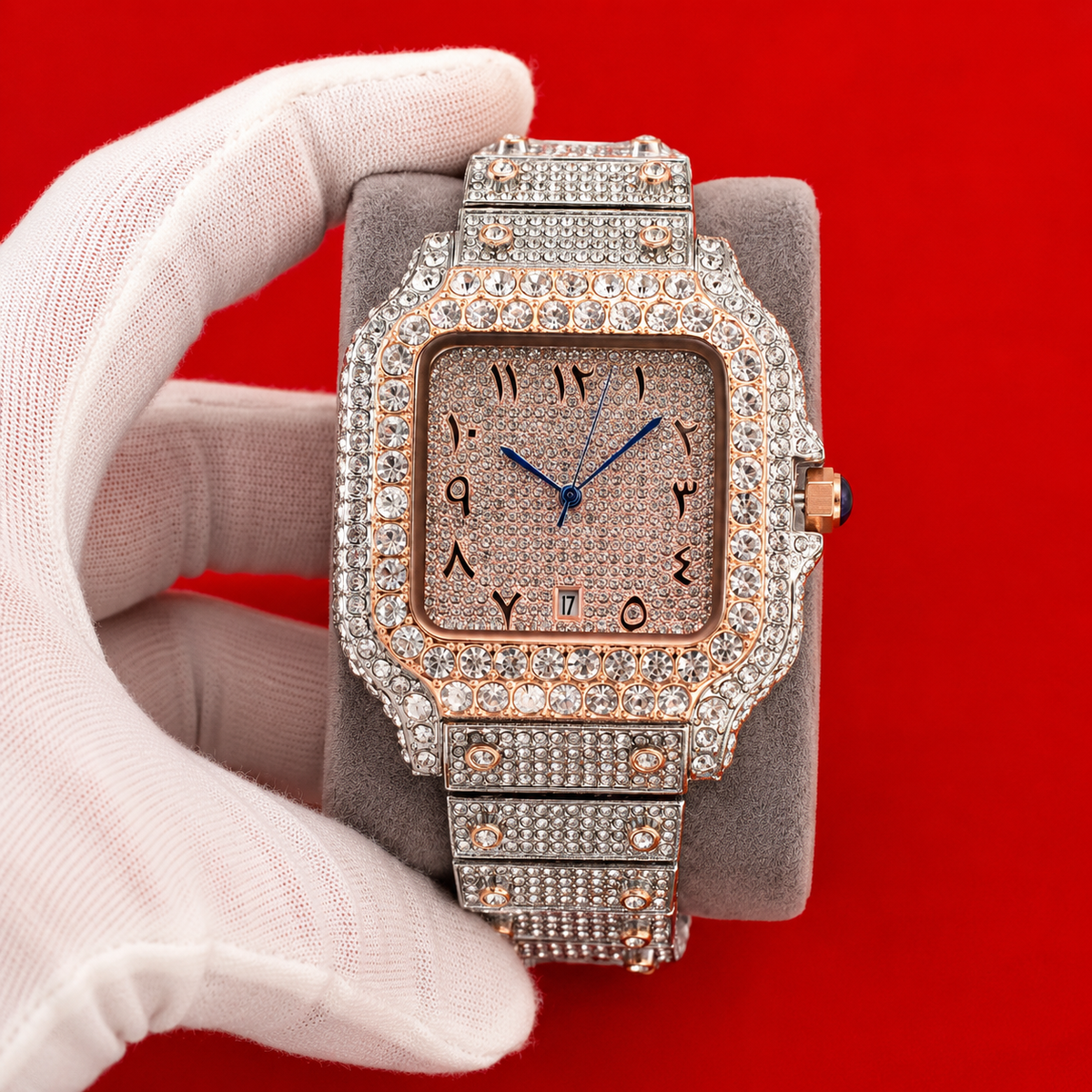 Rose Arabic watch with Arabic numerals on a rose gold-tone stone-set case