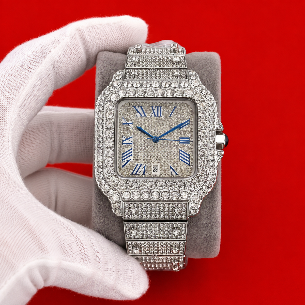 Azure Roman watch with a blue dial, Roman numerals and a stone-set case