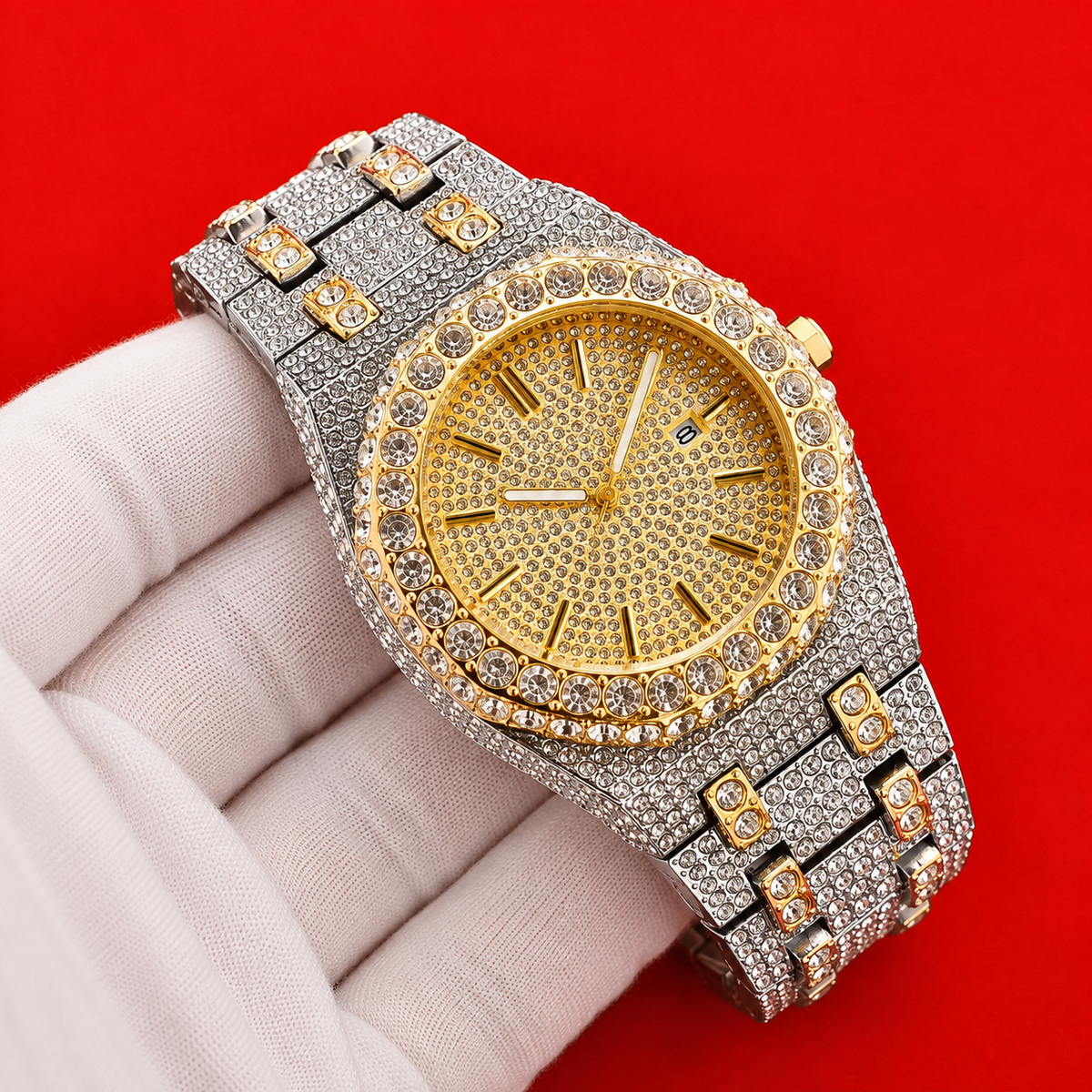 Gilded Halo watch with a gold-tone stone-set halo bezel and bracelet