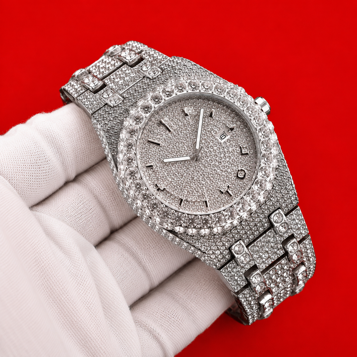 Silver Halo watch with a silver-tone stone-set halo bezel and bracelet