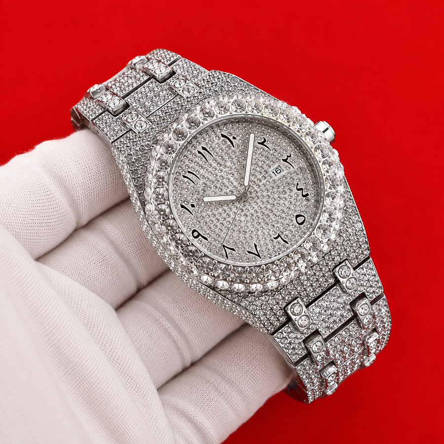 Arabic Halo watch with Arabic numerals and a stone-set halo bezel