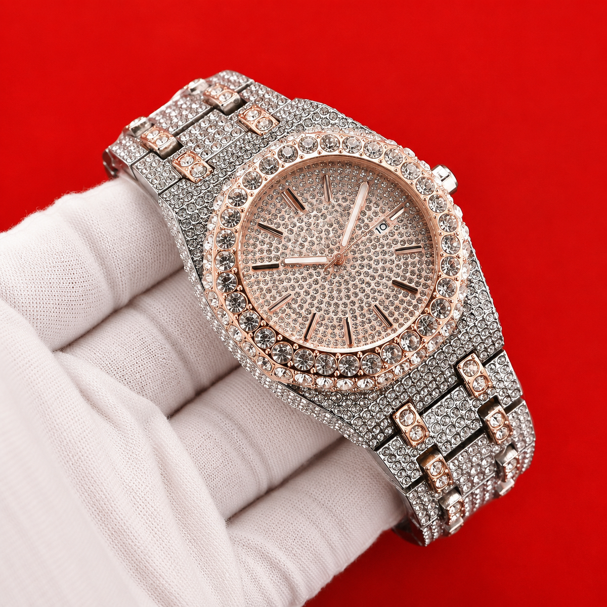 Rose Halo watch with a rose gold-tone stone-set halo bezel and bracelet