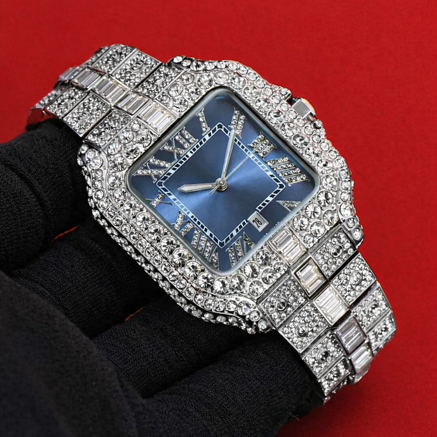Azure Baguette Roman watch with a blue dial, Roman numerals and a baguette-cut stone bezel