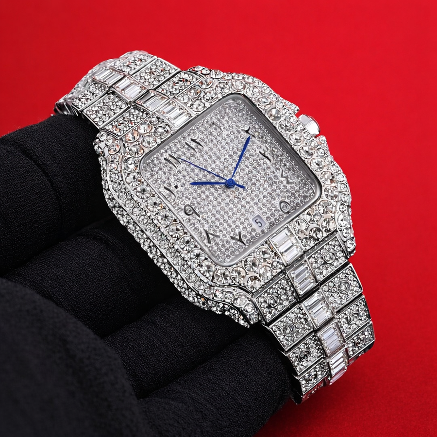 Azure Baguette Arabic watch with a blue dial, Arabic numerals and a baguette-cut stone bezel